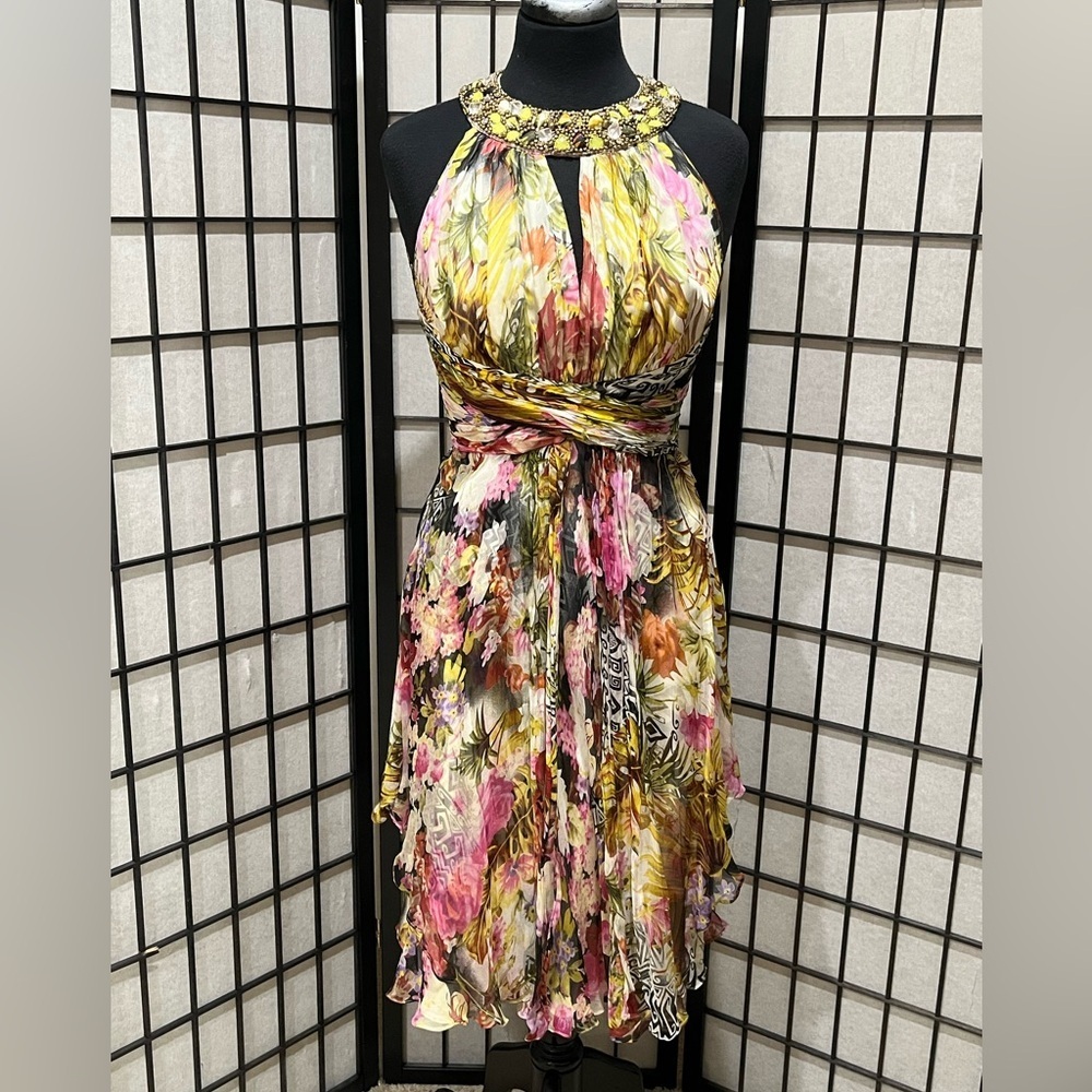 Teri Jon Elegant EMBELLISHED BEADED HALTER NECK SILK LAYERED DRESS SIZE 6